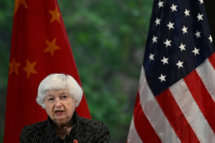 US Treasury Secretary Janet Yellen delivers a speech during the AmCham China Fireside Chat at Baiyun International Conference Center, in southern Chinese city of Guangzhou on April 5, 2024.