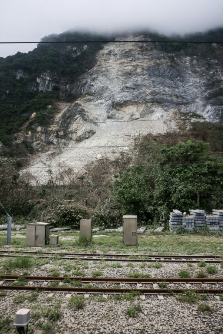 A landslide is seen along the railroad following an earthquake in Hualien