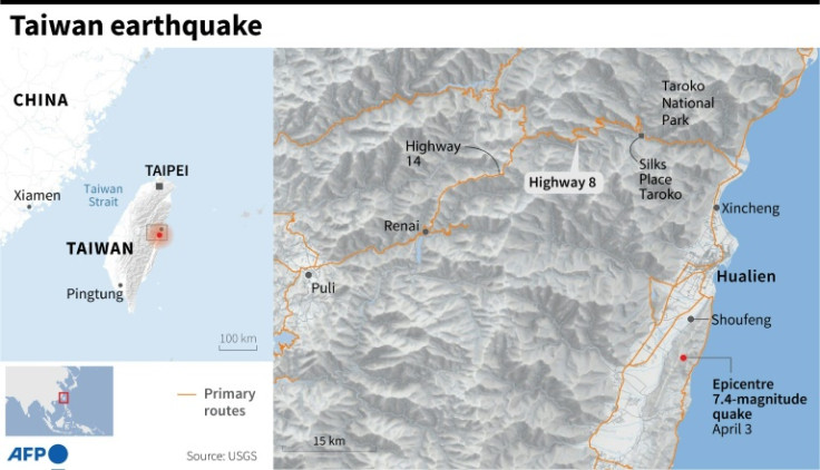 Map of the region in Taiwan surrounding the epicentre of a 7.4-magnitude earthquake that struck on Wednesday, April 3. Map highlights primary routes.