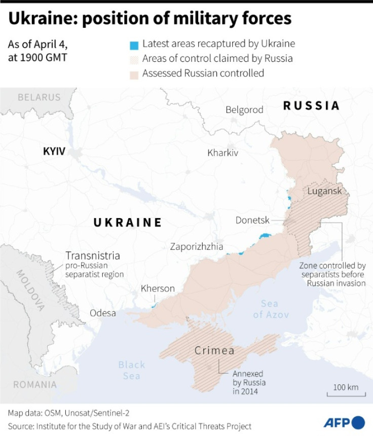 Map of areas controlled by Ukrainian and Russian forces in Ukraine, as of April 4, 1900 GMT