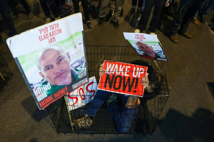 A portrait of Elad Katzir featured in a protest on March 26, 2024 by relatives and supporters of the hostages held by militants in Gaza