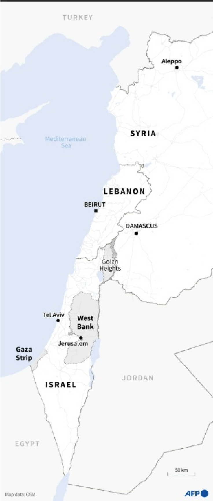 Map showing western Syria, Israel, the Palestinian territories and Lebanon