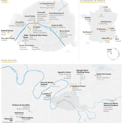 Maps showing event sites for the 2024 Paris Olympics