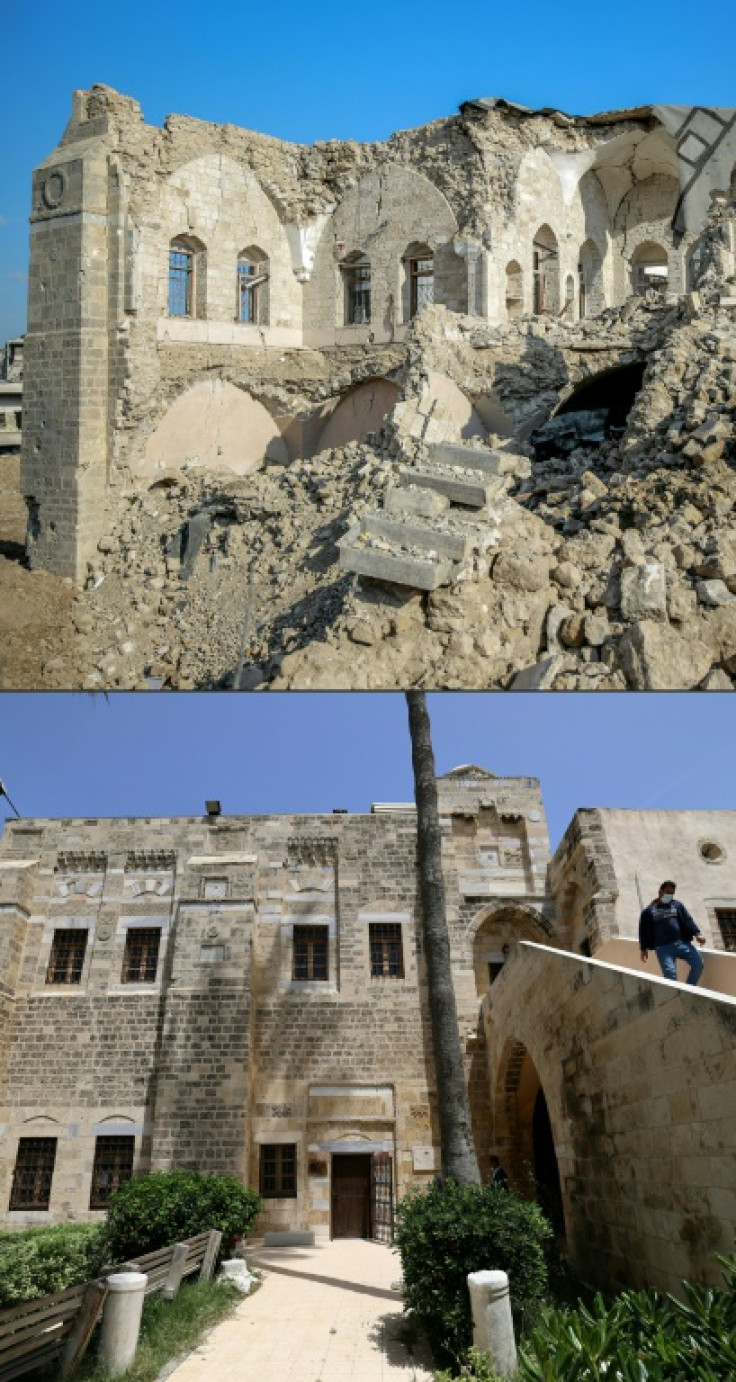 Gaza's al-Basha museum, where Napoleon once stayed, before and after it was destroyed in the war