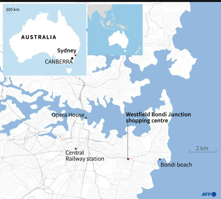 Map of locating locatin the Westfield Bondi Junction mall complex in Sydney, Australia where, sight of a deadly stabbing attack April 13