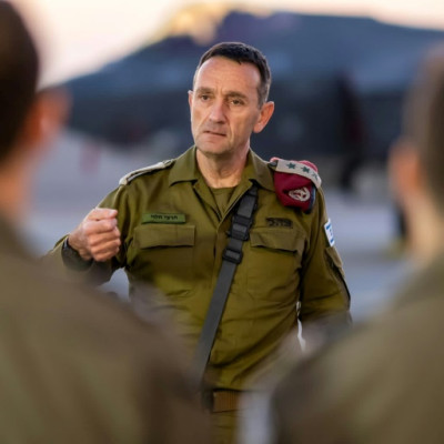 Israeli armed forces chief Lieutenant General Herzi Halevi addresses troops at Nevatim airbase in southern Israel