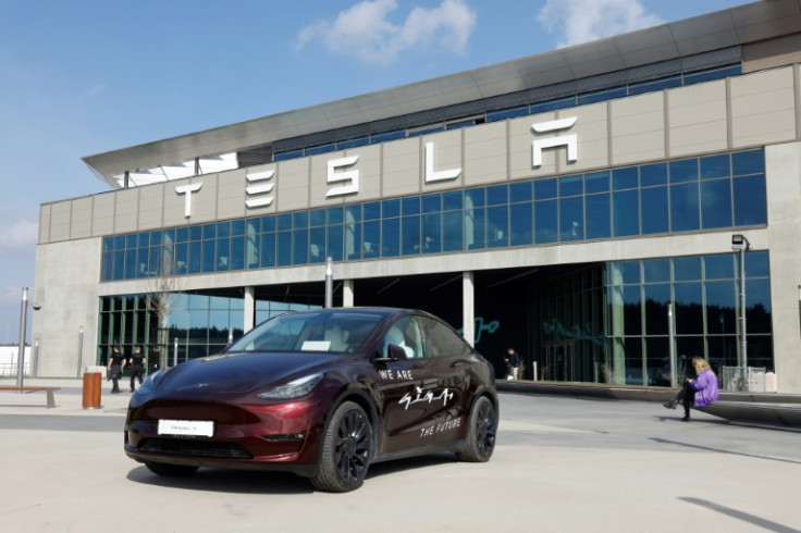 A Tesla Model Y in front of the company's plant near Berlin
