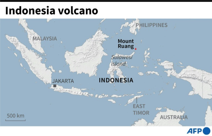 Map of Indonesia locating Mount Ruang, a stratovolcano in North Sulawesi Province.