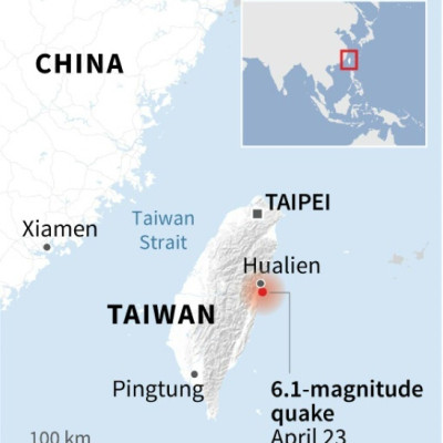 Map of Taiwan locating the epicentre of a 6.1-magnitude earthquake that struck on Tuesday, April 23, according to USGS.