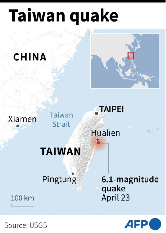 Map of Taiwan locating the epicentre of a 6.1-magnitude earthquake that struck on Tuesday, April 23, according to USGS.
