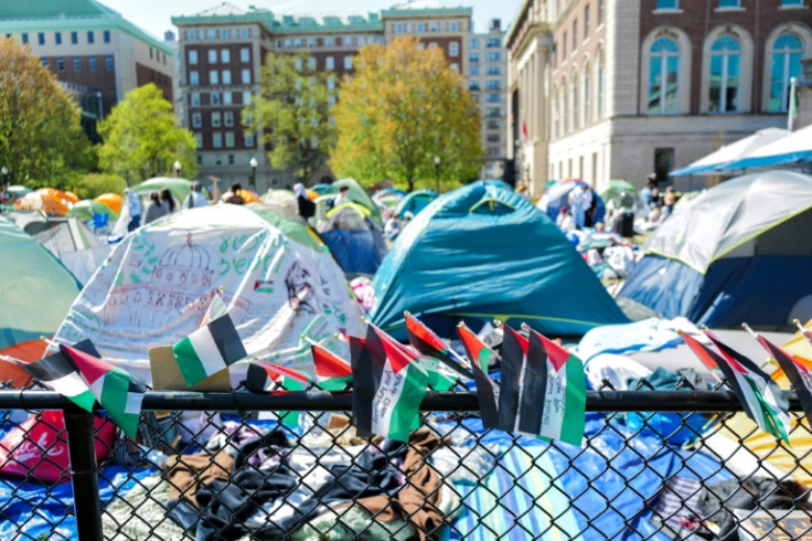 Palestinian flags are seen around the encampment on the campus of Columbia University in New York City on April 23, 2024