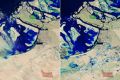 (COMBO) This combination of handout pictures courtesy of NASA's Earth Observatory created on April 24, 2024 and taken on April 3 (R) and April 19 (L), 2024 by the the OLI-2 (Operational Land Imager-2) on Landsat 9 shows false colour (bands 6-5-3) satellit