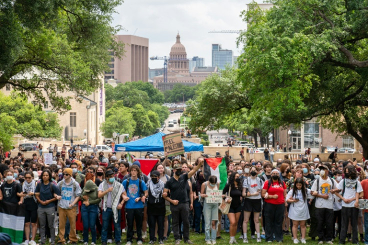 Pro-Palestinian students protest the Israel-Hamas war on the campus of the University of Texas in Austin, Texas on April 24, 2024