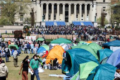 People rally and camp inside the Columbia University which is occupied by pro-Palestinian protesters in New York on April 22, 2024
