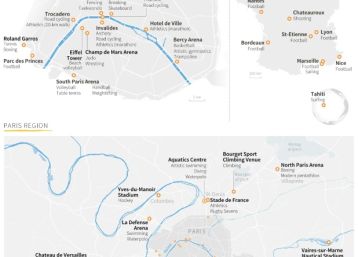 Maps showing event sites for the 2024 Paris Olympics