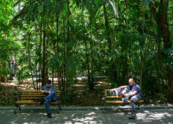 People rest in the shade in a park during hot weather in Manila
