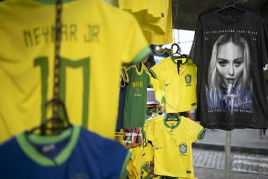 Madonna-related merchandise is sold along with soccer gear in a shop in central Rio on April 29, 2024