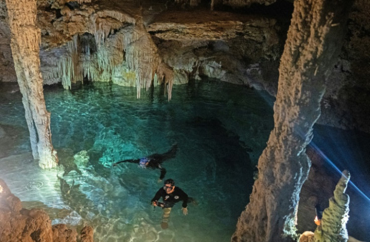 Environmental activists Guillermo DChristy and Roberto Rojo swim in a cenote close to Playa del Carmen, Mexico