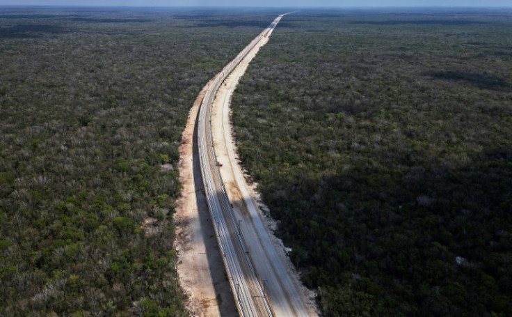 An aerial view of the Maya Train tracks near Puerto Morelos, Mexico