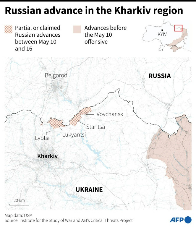 Map of northeastern Ukraine showing the frontline in the Kharkiv region and the Russian advances between May 10 and 16