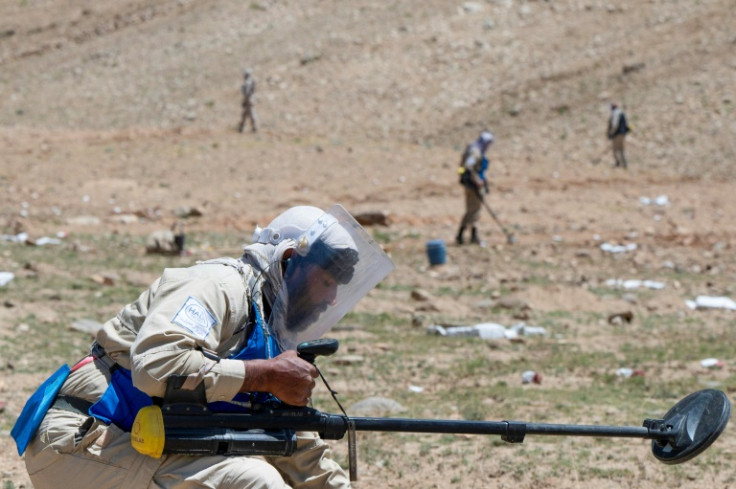 Afghan deminers from the Halo Trust clear anti-tank mines in Qala Khail village, Ghazni province