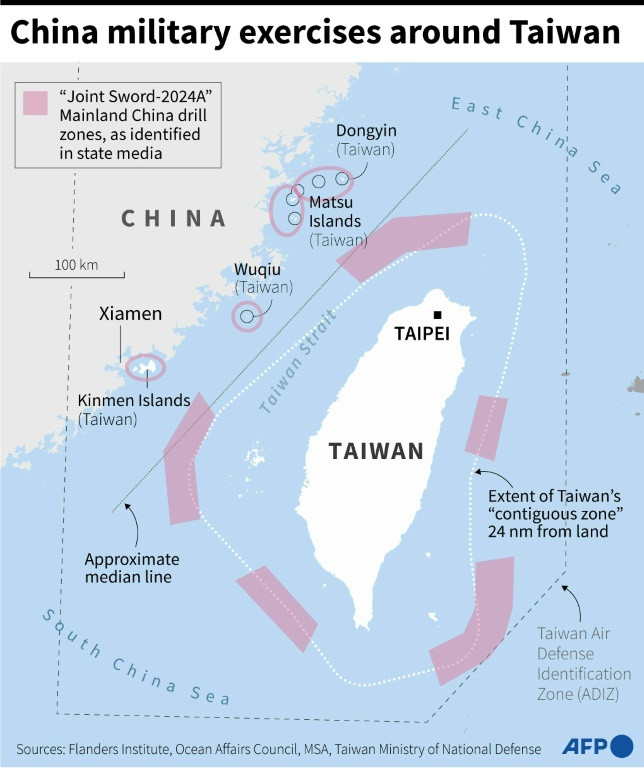 Map of Taiwan showing zones identified in Chinese military exercises around the island, according to mainland media