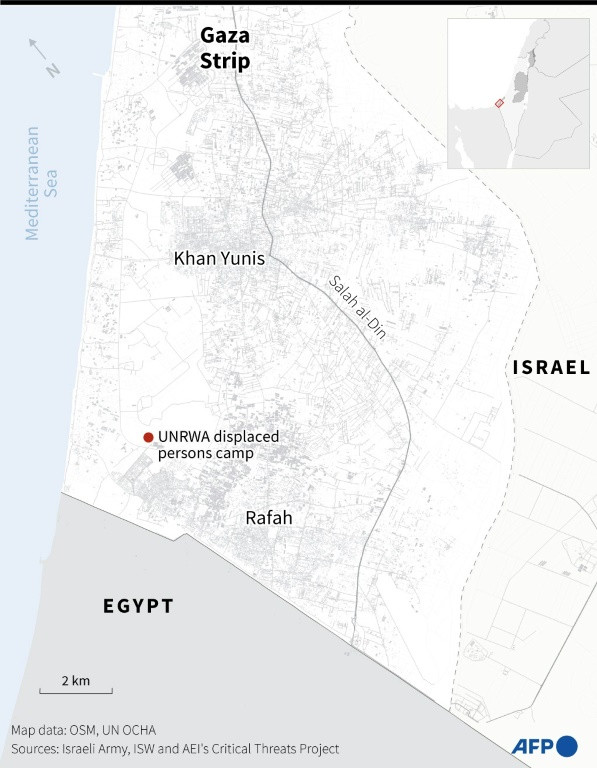 Map of the southern Gaza Strip showing the location of camp for displaced persons northwest of Rafah