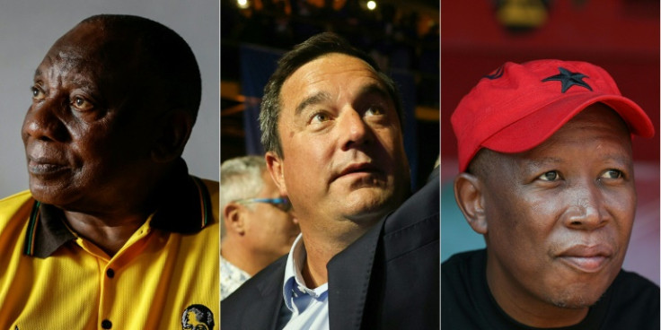 South Africa's President Cyril Ramaphosa (L) of the ruling ANC faces a right-wing challenger in the Deocratic Alliance's John Steenhuisen (C) and from the left Julius Malema of the Economic Freedom Fighters (R)
