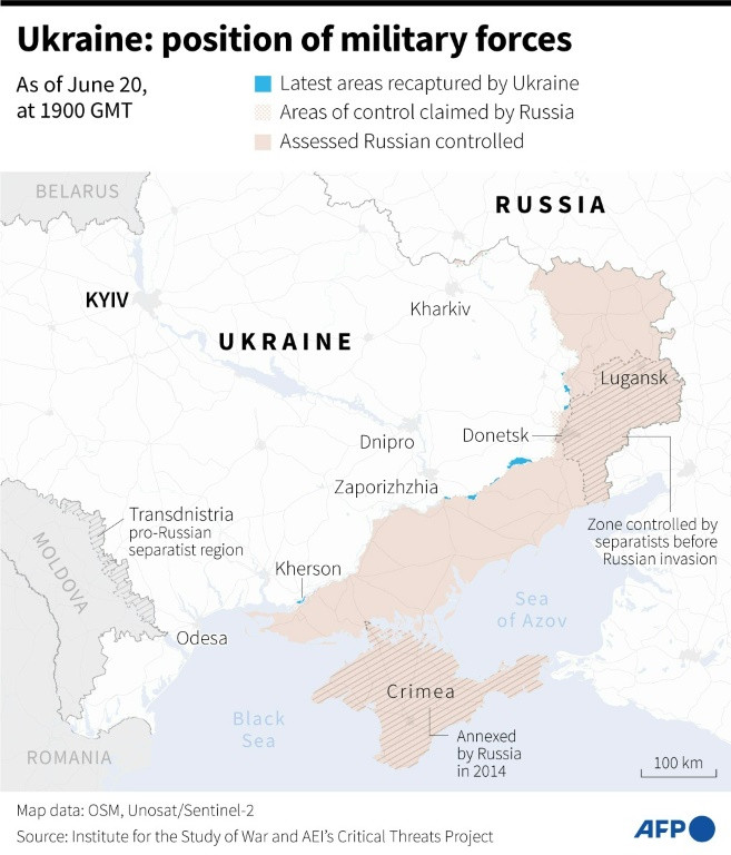Map of areas controlled by Ukrainian and Russian forces in Ukraine, as of June 20, 1900 GMT