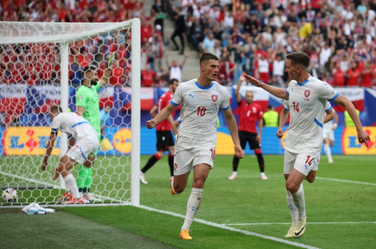 Patrik Schick (C) celebrates after scoring the Czech Republic's equaliser in their 1-1 draw with Georgia in Hamburg
