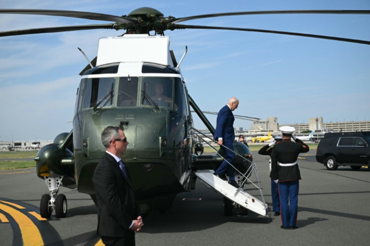 US President Joe Biden steps off Marine One upon landing at Philadelphia International Airport, as he hits the campaign trail in the battleground state of Pennsylvania