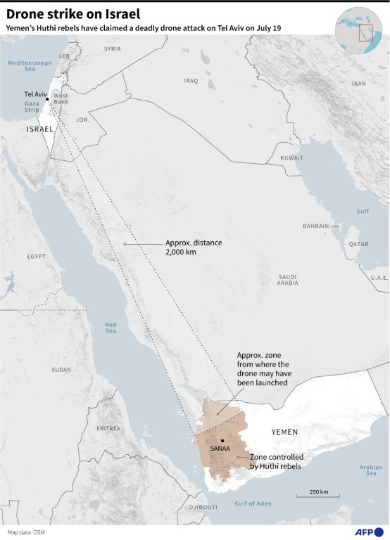 Map showing the approximate distance between the zone controlled by Huthi rebels in Yemen, where a drone may have been launched, and Tel Aviv in Israel