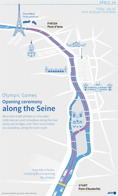 Map showing the route for the opening ceremony of the Paris Olympic Games along the Seine river, on July 26, 2024.