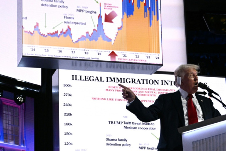 Republican presidential candidate Donald Trump, a frequent harsh critic of illegal immigration, addresses the Republican National Convention in Milwaukee, Wisconsin on July 18, 2024