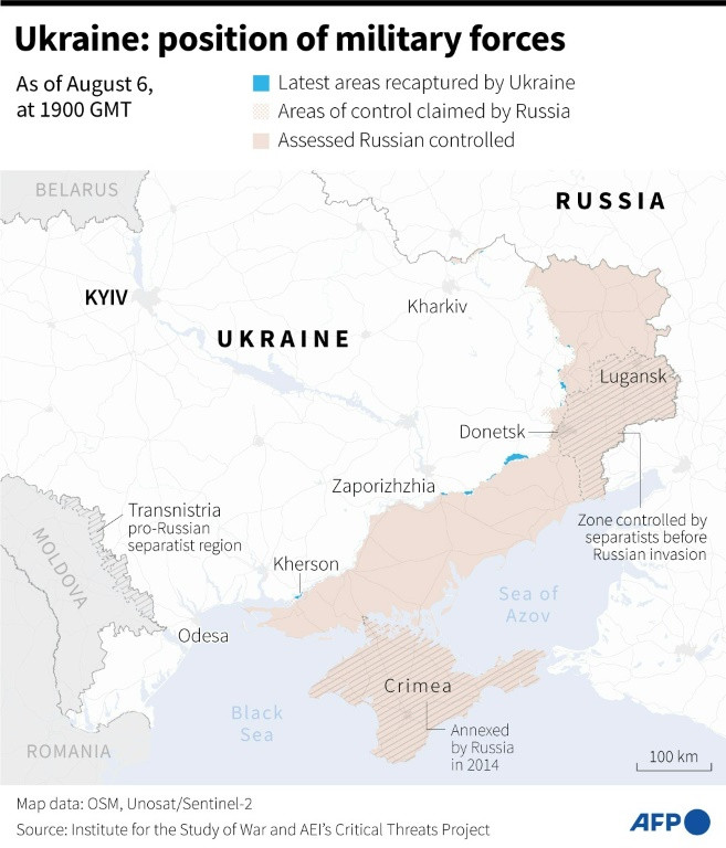 Map of areas controlled by Ukrainian and Russian forces in Ukraine, as of August 6, 1900 GMT