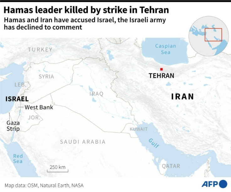 Map of the Middle East, locating Tehran, in Iran, where Hamas political leader, Ismail Haniyeh, was killed according to Hamas