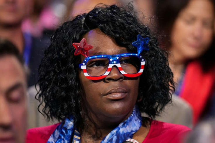 A woman sporting patriotic glasses at the Democratic National Convention in Chicago