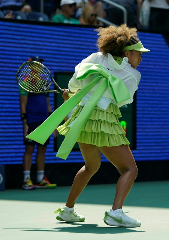 Colourful: Japan's Naomi Osaka gets ready to play against Jelena Ostapenko