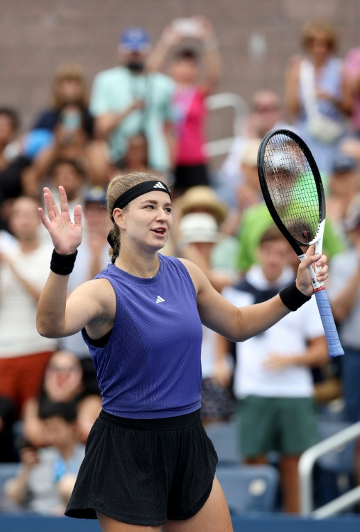Fan club: Karolina Muchova celebrates after defeating Anastasia Potapova