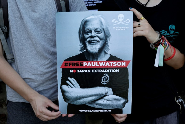 Protesters in Paris hold a placard calling for Watson's release