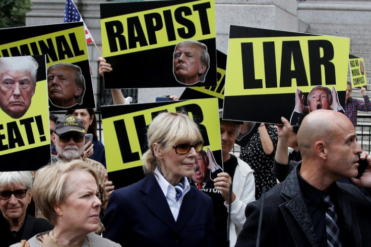 E. Jean Carroll (C) departs Manhattan federal appeals court following arguments in an appeal brought by former US president Donald Trump