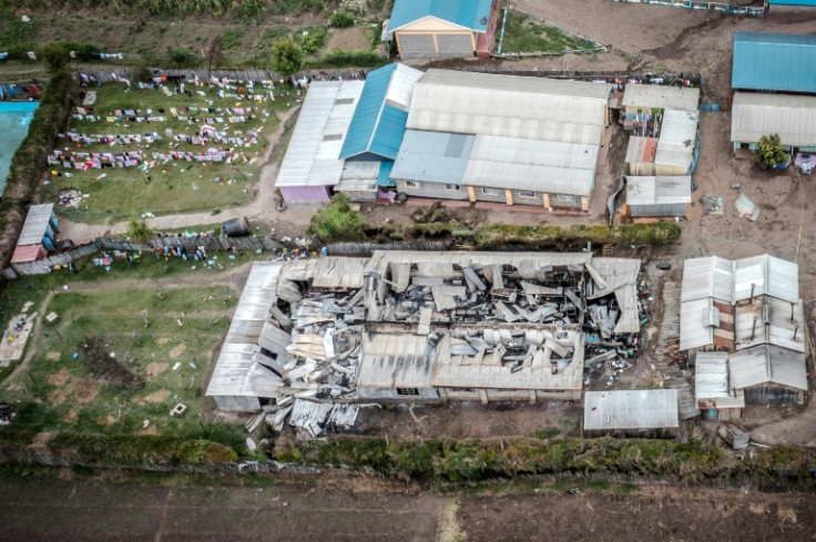 An aerial view shows the destruction at the school
