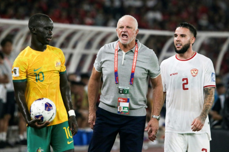 Australia head coach Graham Arnold (C) shows his frustration during the goalless draw against Indonesia in a World Cup qualifier