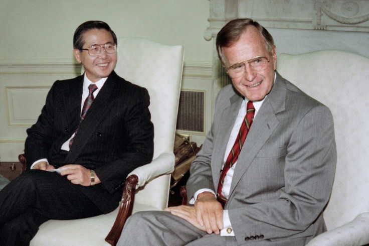 Then-Peruvian president Alberto Fujimori (L), who was later sentenced to 25 years in prison for human rights abuses, is pictured with US president George HW Bush in the White House in 1991. Fujimori died on Wednesday at the age of 86 in Lima