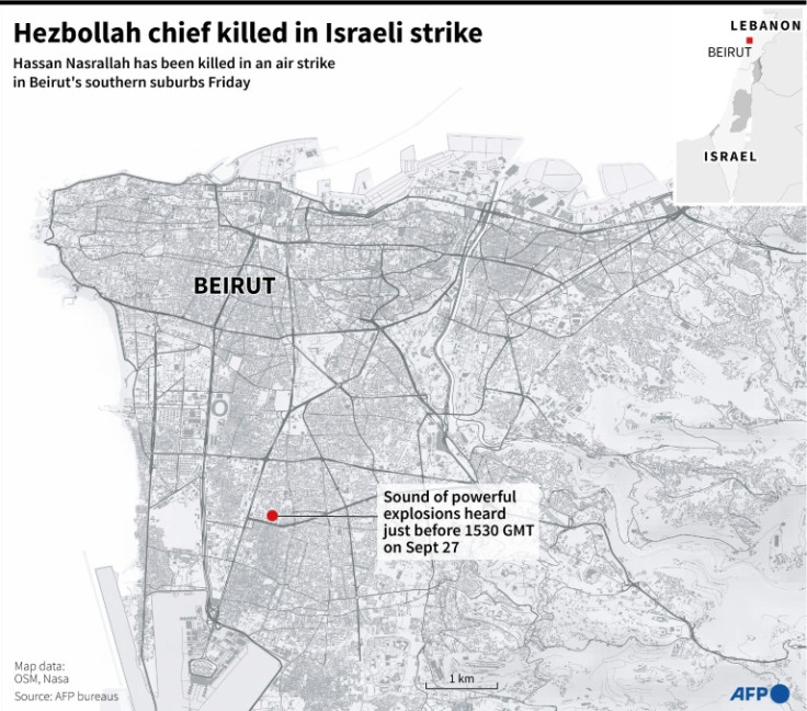 Map locating the strike in which Israel killed Hezbollah leader Hassan Nasrallah on Friday in Beirut's southern suburbs