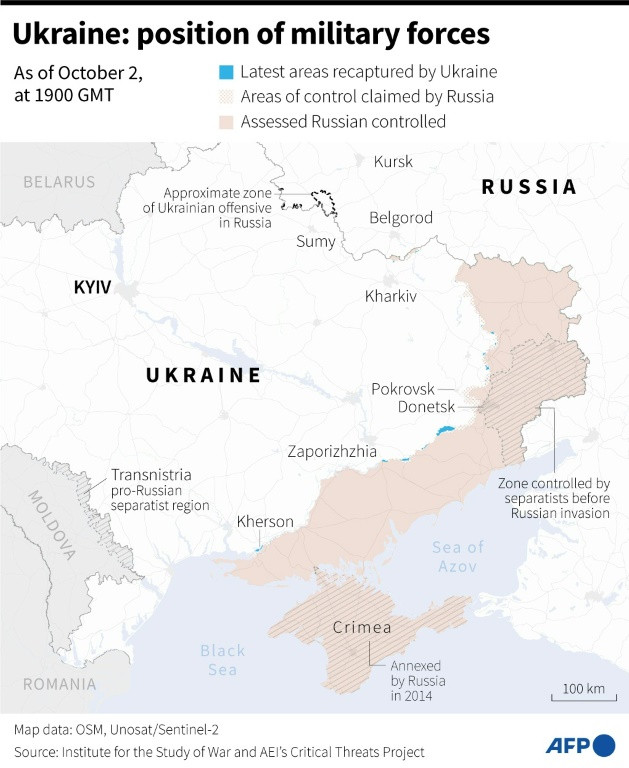 Map of areas controlled by Ukrainian and Russian forces in Ukraine, as of October 2, 1900 GMT