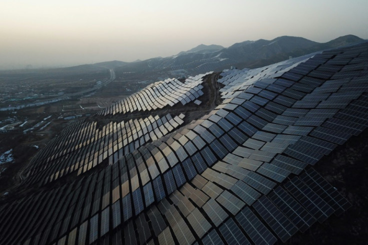 A vast array of solar panels on a hillside in China's northern Hebei province