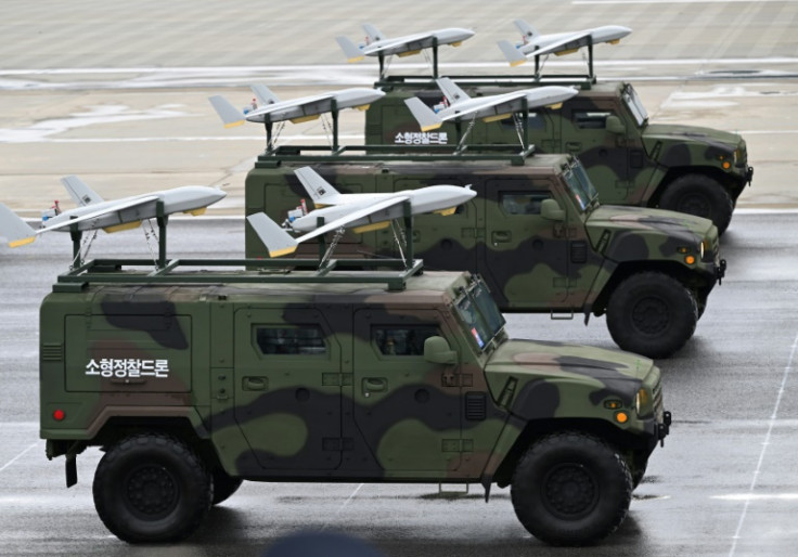South Korea's small reconnaissance drones are put on display during a ceremony to mark the 76th anniversary of Korea Armed Forces Day at Seoul Air Base in Seongnam on October 1, 2024