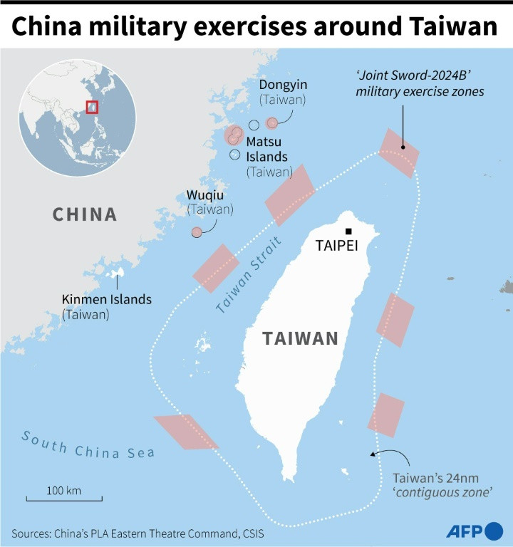 Map of Taiwan showing China's "Joint Sword-2024B" military exercise areas, according to a map issued by the mainland's defence ministry