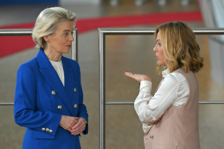 EU chief Ursula von der Leyen, left, has raised the idea of migrant deportation centres outside the EU -- a concept trialled under Italian Prime Minister Giorgia Meloni